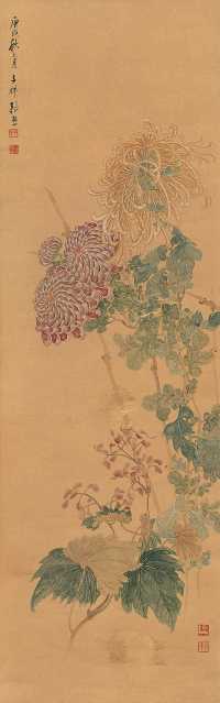 张熊 庚戌（1850年作） 海棠秋菊 立轴